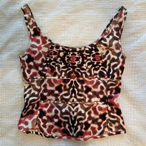 Etcetera Corset Style Brown, Coral, and Cream Print Shirt
